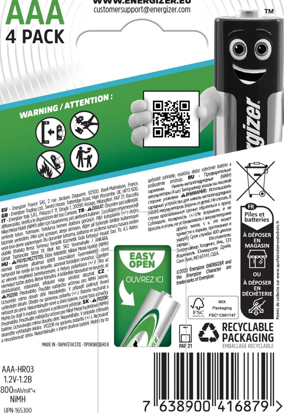 Batteri Energizer Recharge Extreme AAA, 4/fp