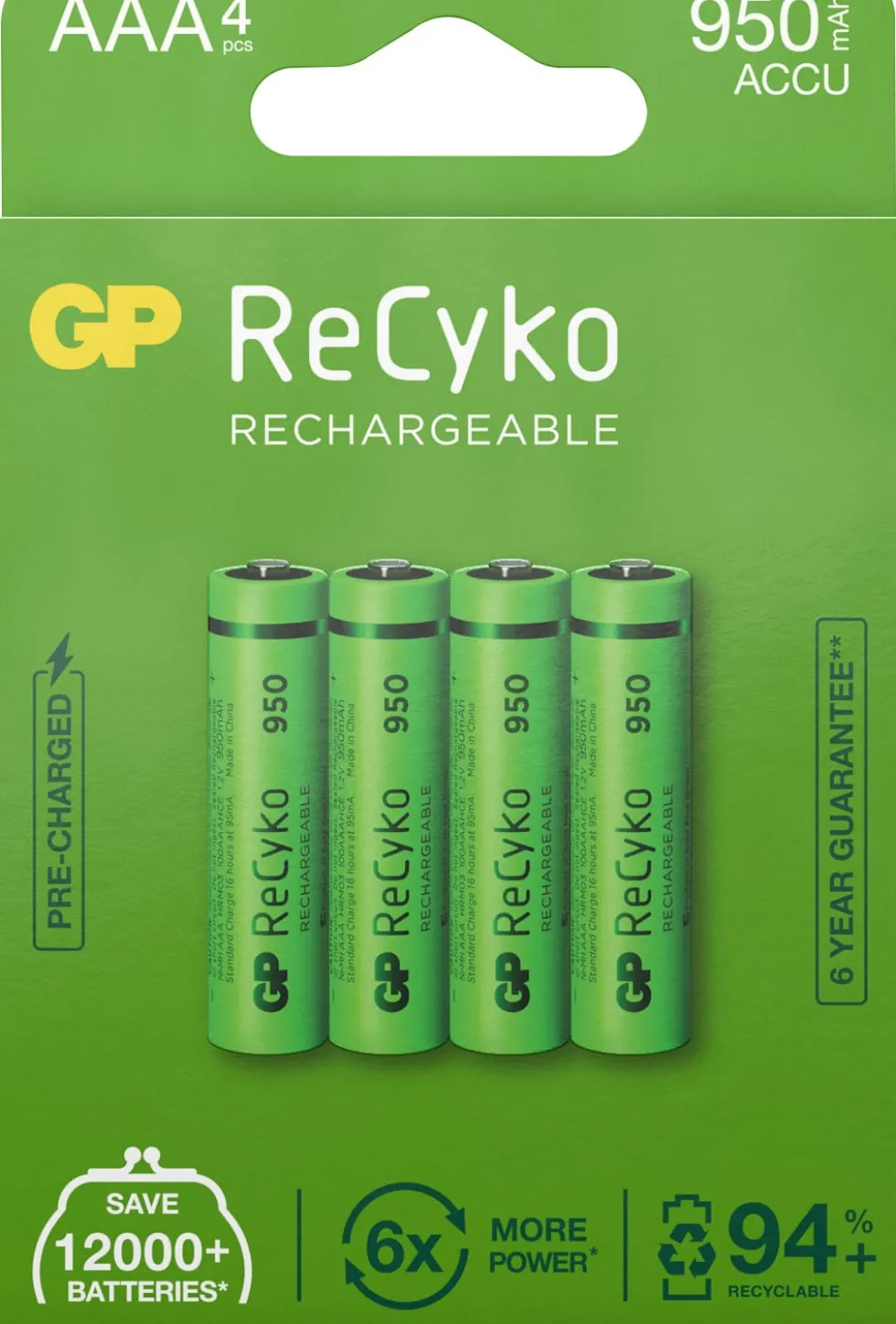 Batteri Laddbar GP Recyko 950 AAA 4/fp