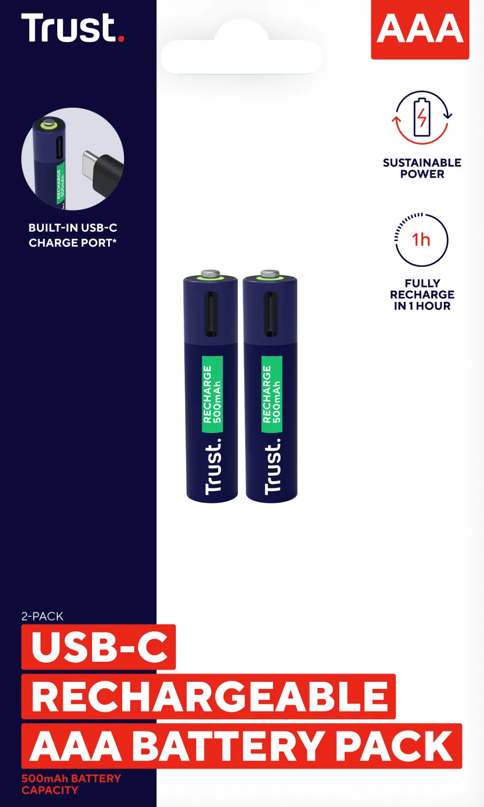 Batteri Laddbar TRUST AAA USB-C 2/fp