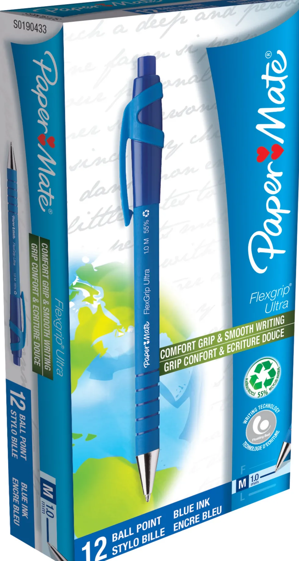 Bläckkulpenna PAPERMATE Flexgrip Clic Medium Blå, 1.0mm, 12st