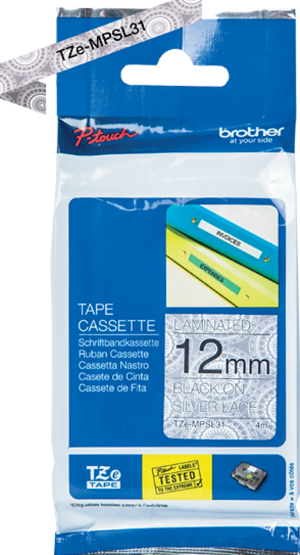 Brother 12mm x 4m Silver lace pattern tape