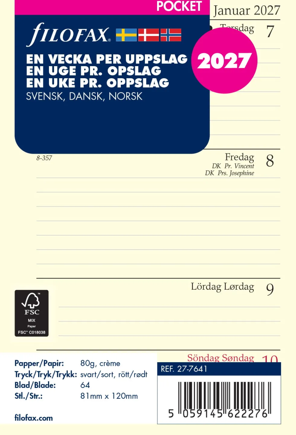 Dagbok Pocket 2027 Vecka Per Uppslag Svensk/Dansk/Norsk