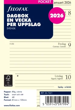 Dagbok Pocket 2026 Vecka Per Uppslag Svensk