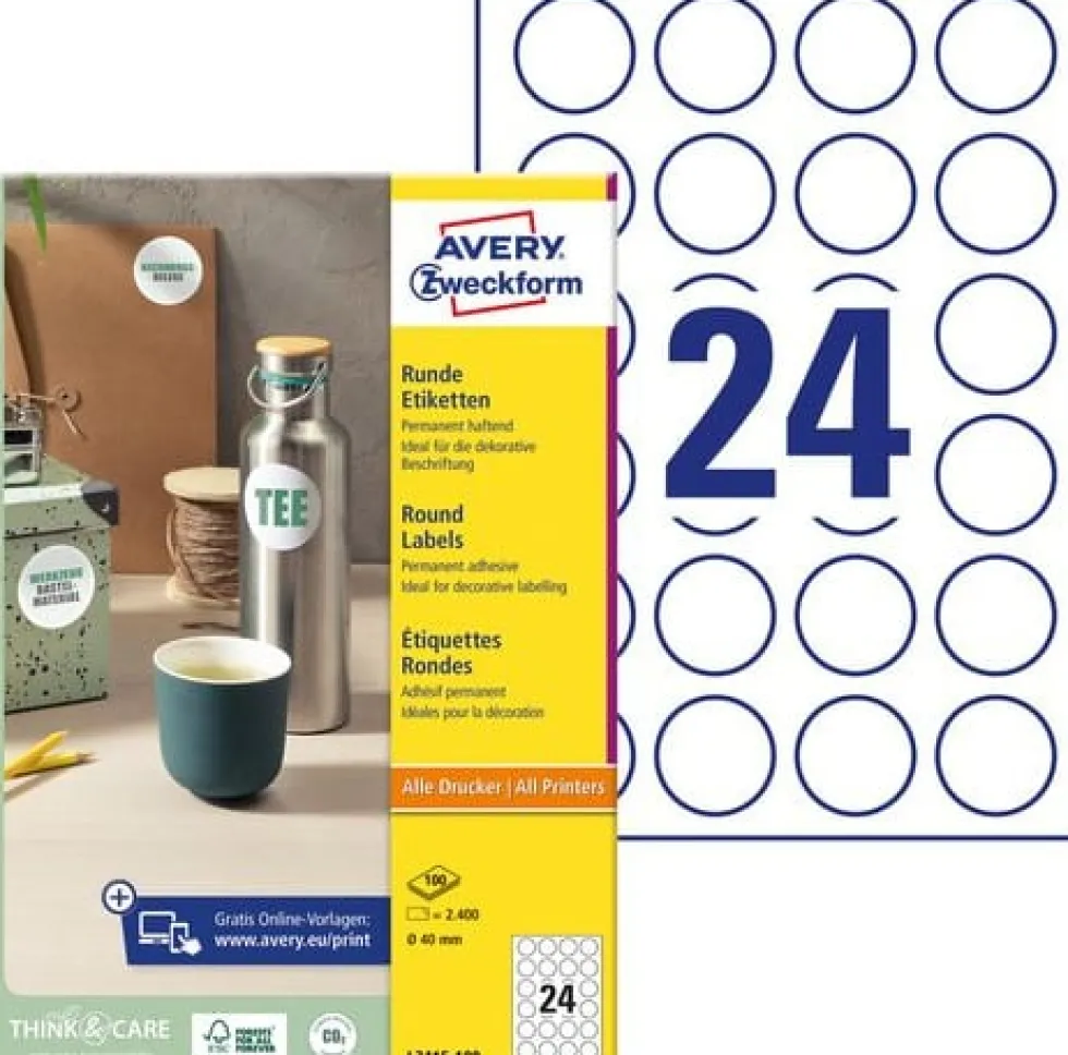 Etikett AVERY avtagb rund 40mm 2400/fp
