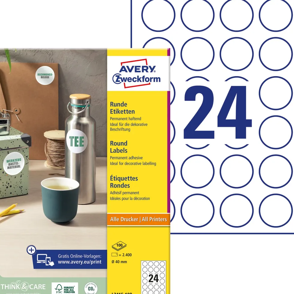Etikett AVERY avtagb rund 40mm 2400/fp