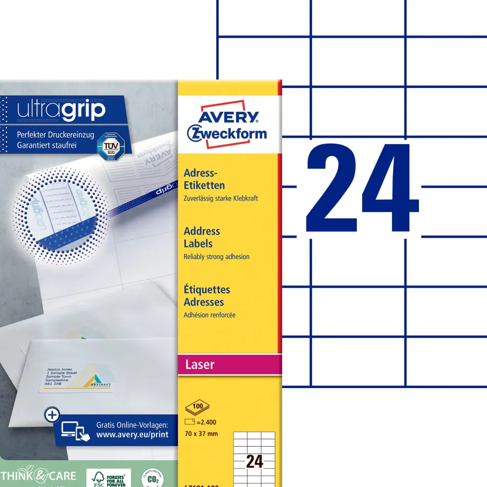 Etikett AVERY Laser 70x37mm 2400/fp