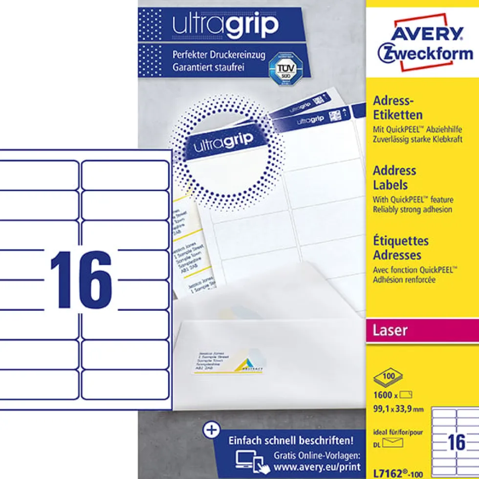 Etikett AVERY Ultra Grip 99,1x33,9mm 1600/FP