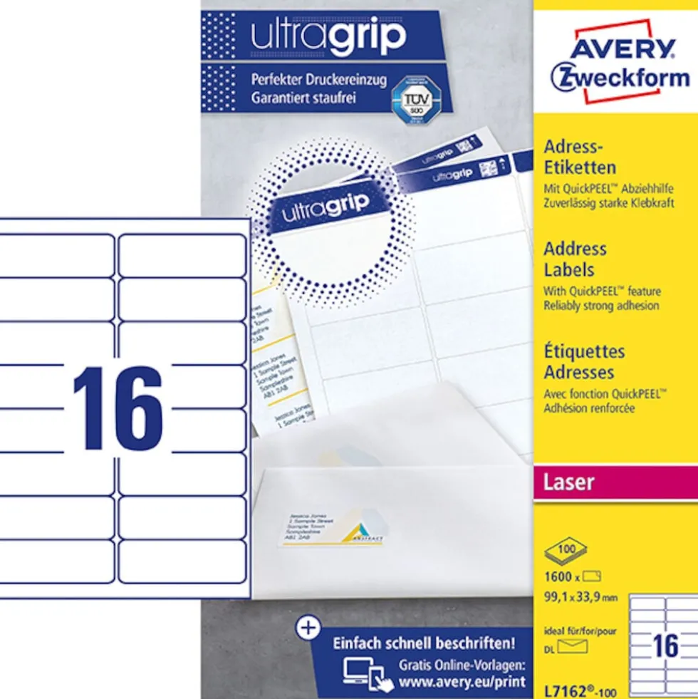 Etikett AVERY Ultra Grip 99,1x33,9mm 1600/FP