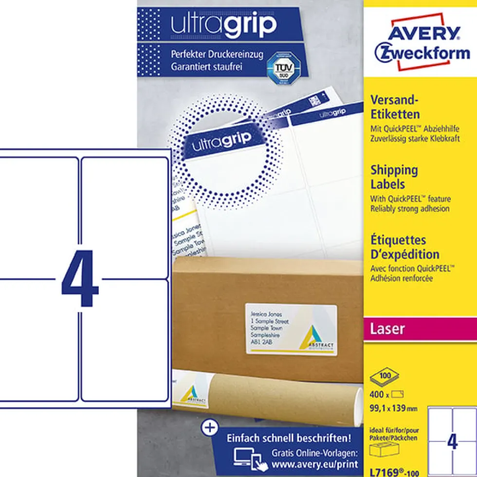 Etikett AVERY UltraGrip 99,1x139 mm 400/FP