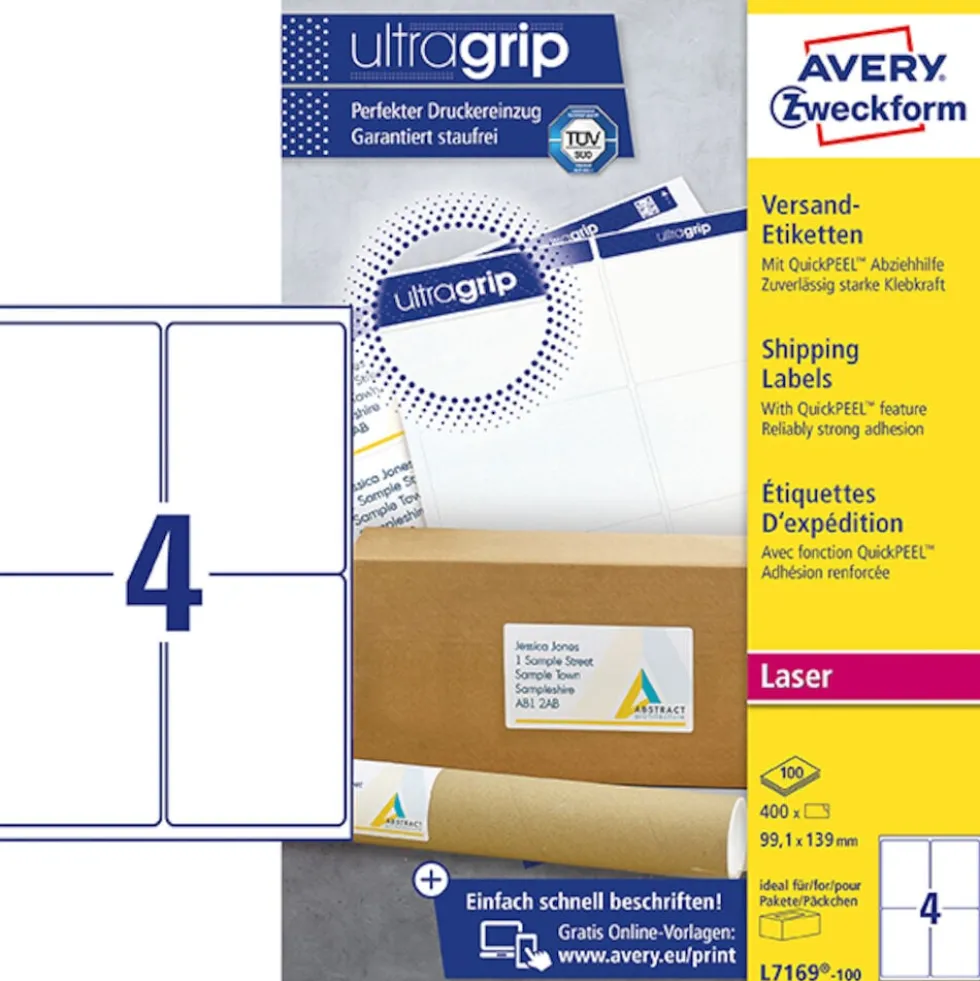 Etikett AVERY UltraGrip 99,1x139 mm 400/FP