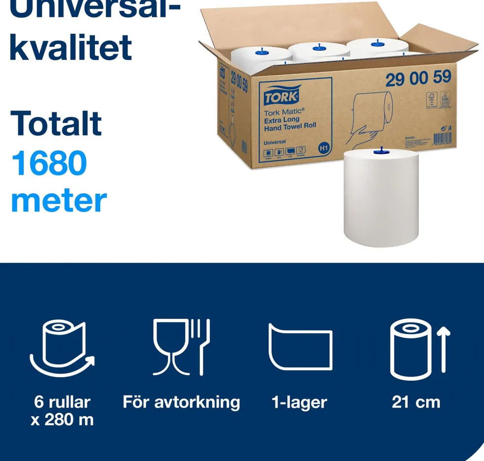 Handtorkrulle TORK Matic Universal H1, extra lång, 21cm, 1-lag, 280m