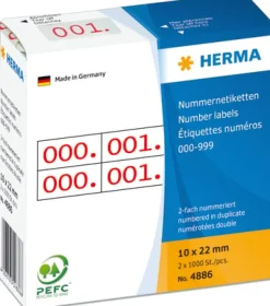 Herma etikett siffer 0-999 dubbel 10x22 röd (2x1000)