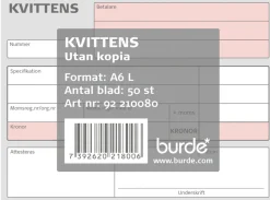 Kvittens A6 Liggande utan kopia, 50 blad