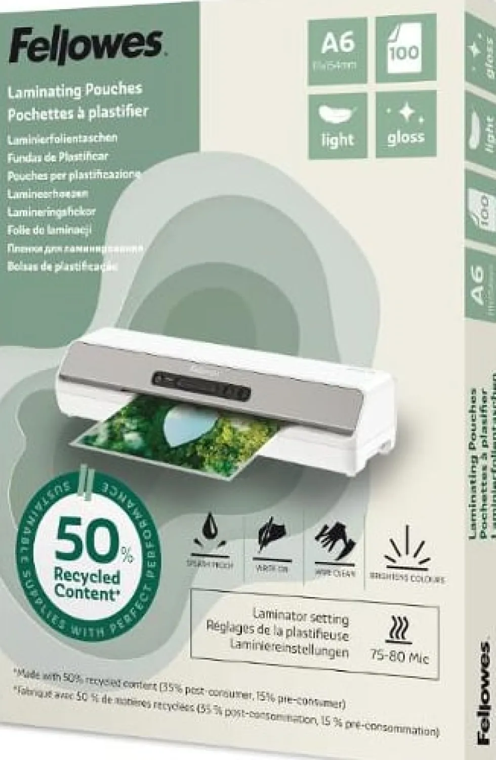 Laminat FELLOWES A6 75-80mic klar 100/fp
