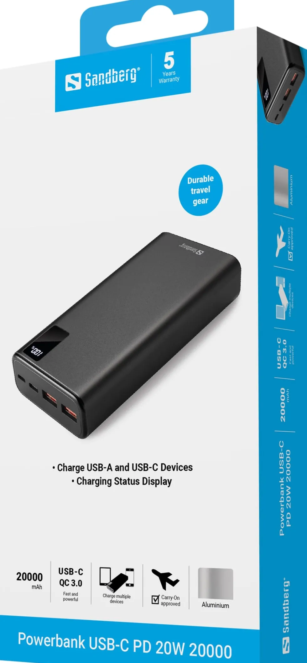 20.000 mAh PD 20W PowerBank USB-C, Black