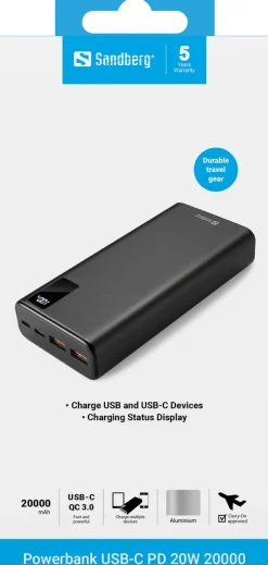 20.000 mAh PD 20W PowerBank USB-C, Black