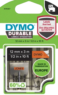 Märkband Dymo D1 Durable, svart/orange, 12mm