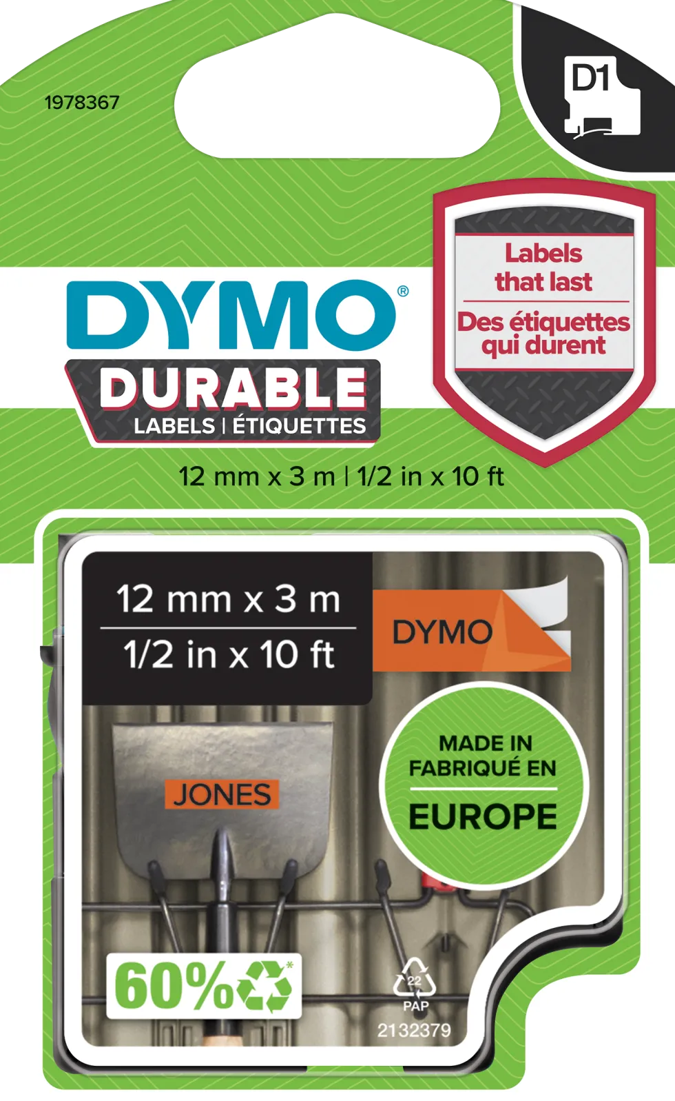 Märkband Dymo D1 Durable, svart/orange, 12mm
