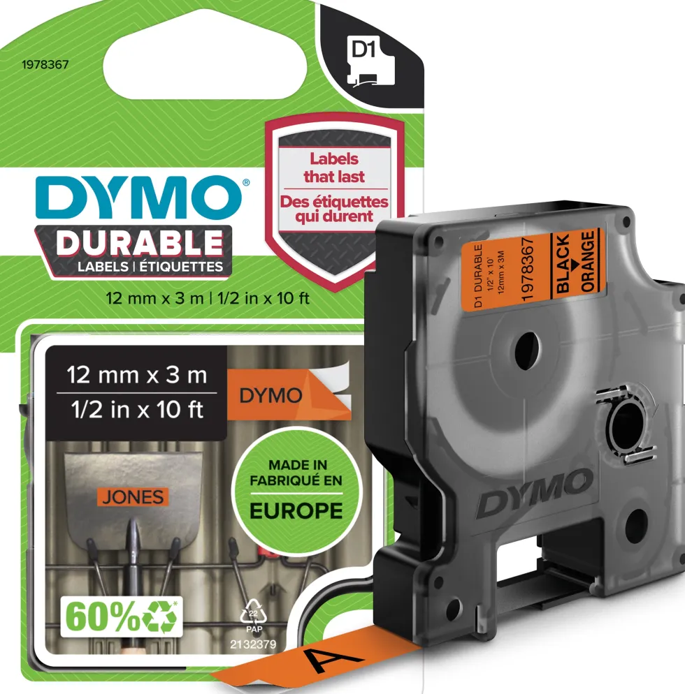 Märkband Dymo D1 Durable, svart/orange, 12mm