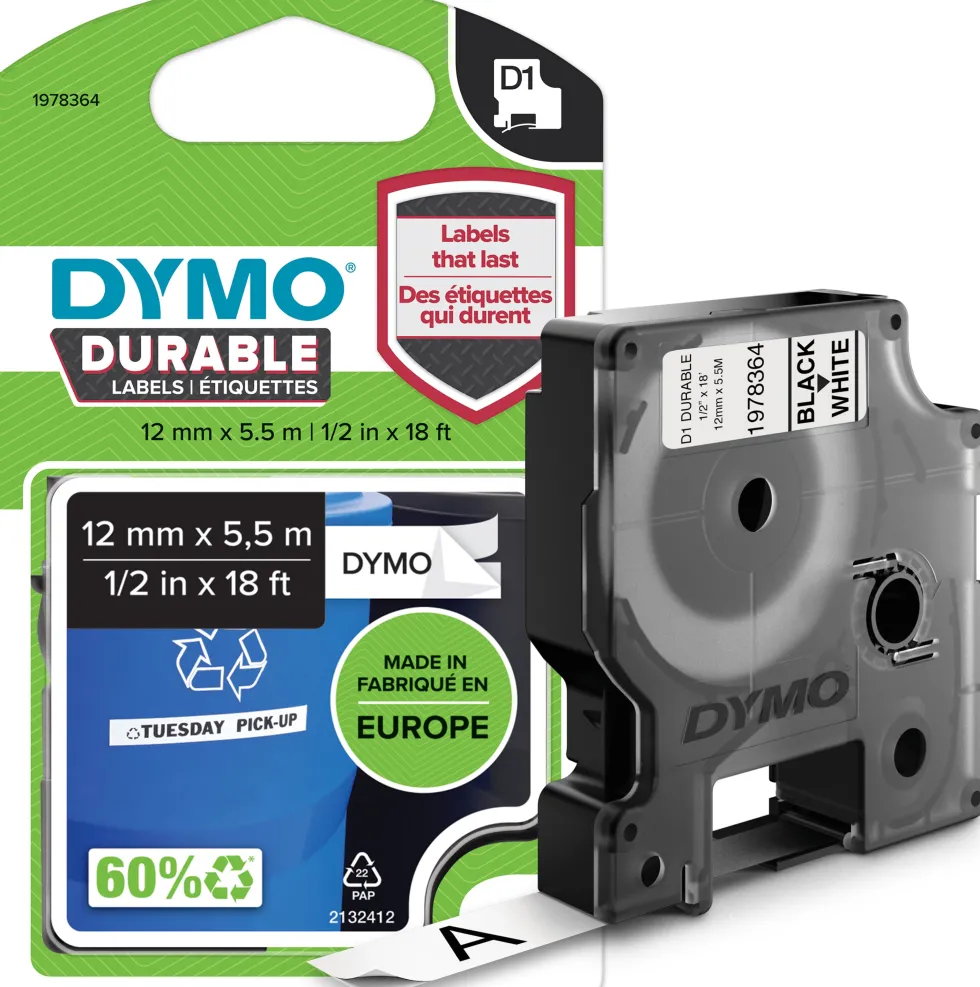 Märkband Dymo D1 Durable, svart/vit, 12mm