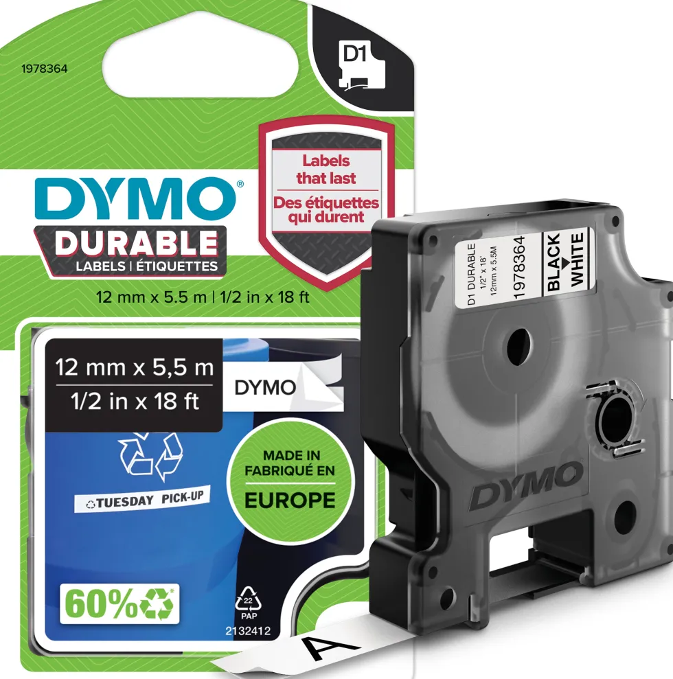 Märkband Dymo D1 Durable, svart/vit, 12mm