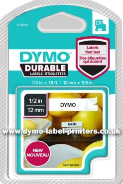 Märkband Dymo D1 Durable, svart/vit, 12mm