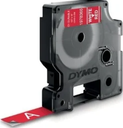 Märkband Dymo D1 Durable, vit/röd, 12mm