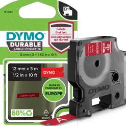 Märkband Dymo D1 Durable, vit/röd, 12mm