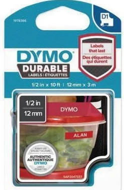 Märkband Dymo D1 Durable, vit/röd, 12mm