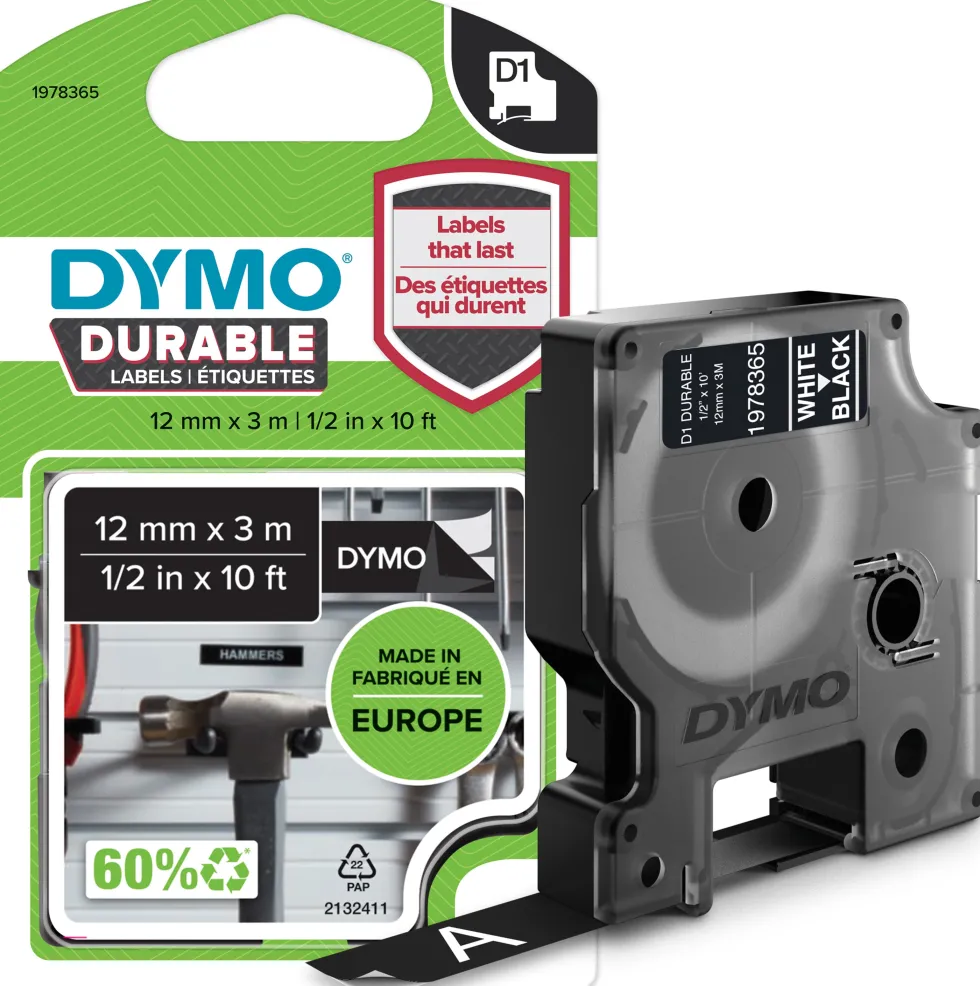 Märkband Dymo D1 Durable, vit/svart, 12mm