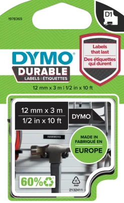 Märkband Dymo D1 Durable, vit/svart, 12mm