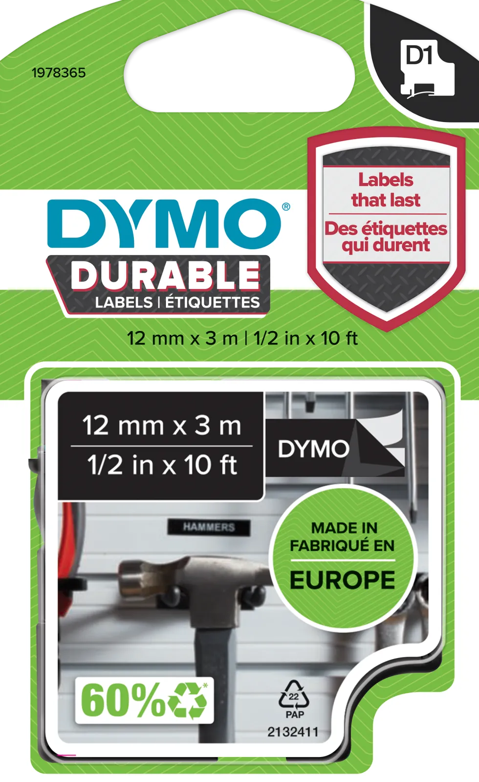 Märkband Dymo D1 Durable, vit/svart, 12mm