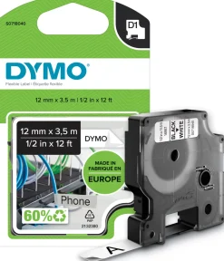 Märkband Dymo D1 Flex, nylon, svart/vit, 12mm