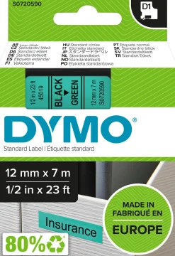 Märkband Dymo D1, plast, svart/grön, 12mm
