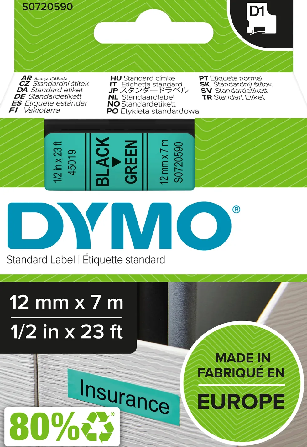 Märkband Dymo D1, plast, svart/grön, 12mm