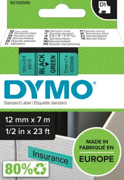 Märkband Dymo D1, plast, svart/grön, 12mm