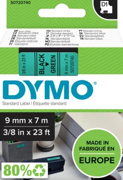 Märkband DYMO D1, plast, svart/grön, 9mm