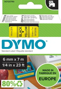 Märkband DYMO D1, plast, Svart/Gul, 6mm