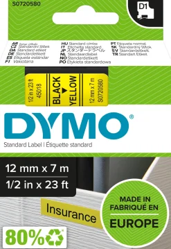 Märkband Dymo D1, plast, svart/gul, 12mm