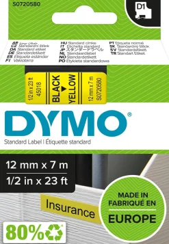 Märkband Dymo D1, plast, svart/gul, 12mm