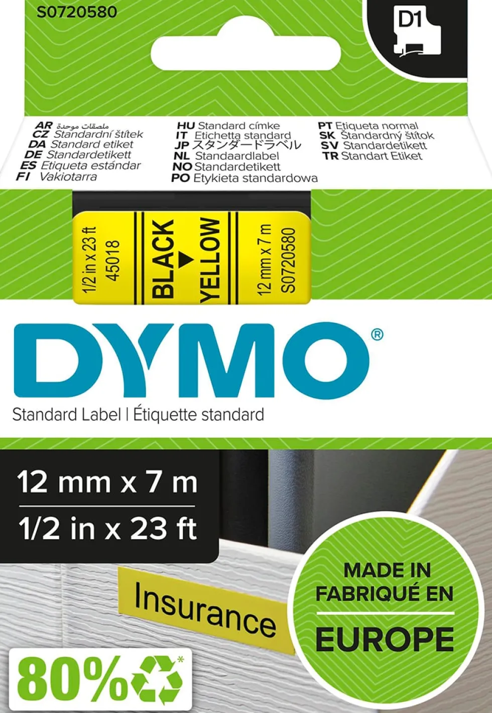 Märkband Dymo D1, plast, svart/gul, 12mm