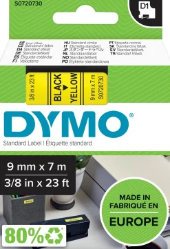 Märkband Dymo D1, plast, svart/gul, 9mm