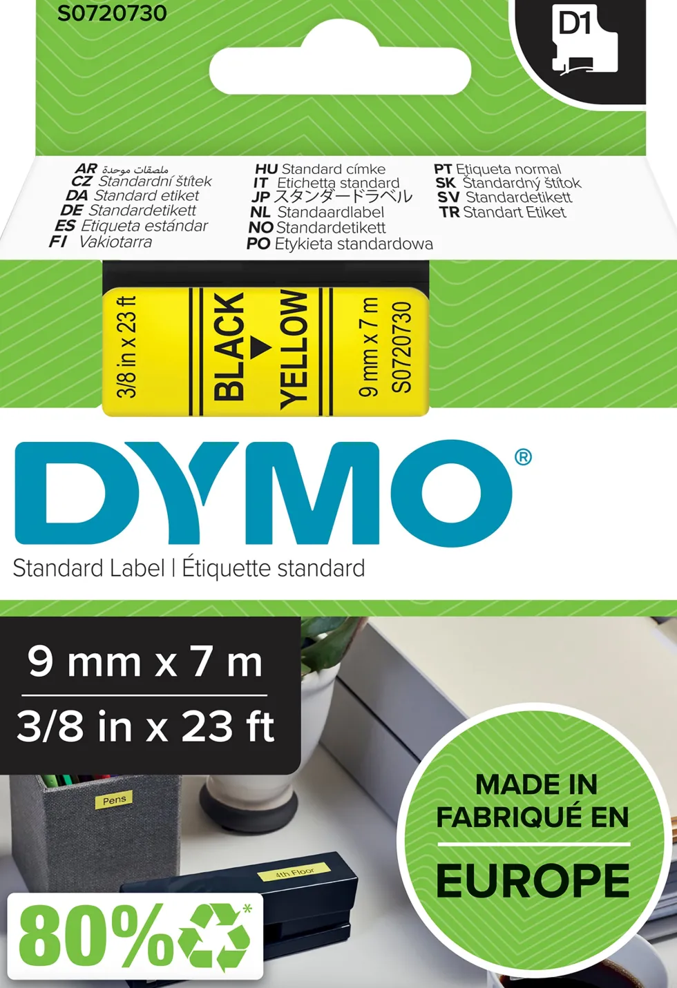 Märkband Dymo D1, plast, svart/gul, 9mm