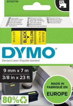 Märkband Dymo D1, plast, svart/gul, 9mm