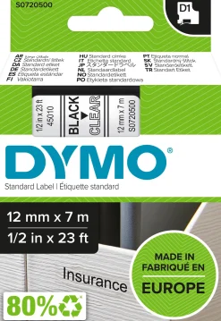 Märkband Dymo D1, plast, svart/klar, 12mm
