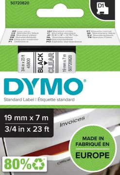 Märkband Dymo D1, plast, svart/klar, 19mm