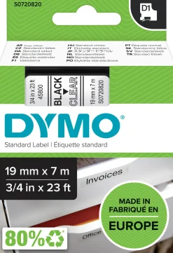 Märkband Dymo D1, plast, svart/klar, 19mm