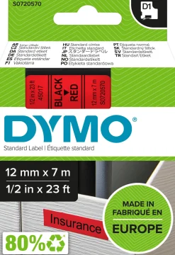 Märkband Dymo D1, plast, svart/röd, 12mm