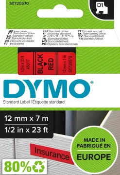 Märkband Dymo D1, plast, svart/röd, 12mm