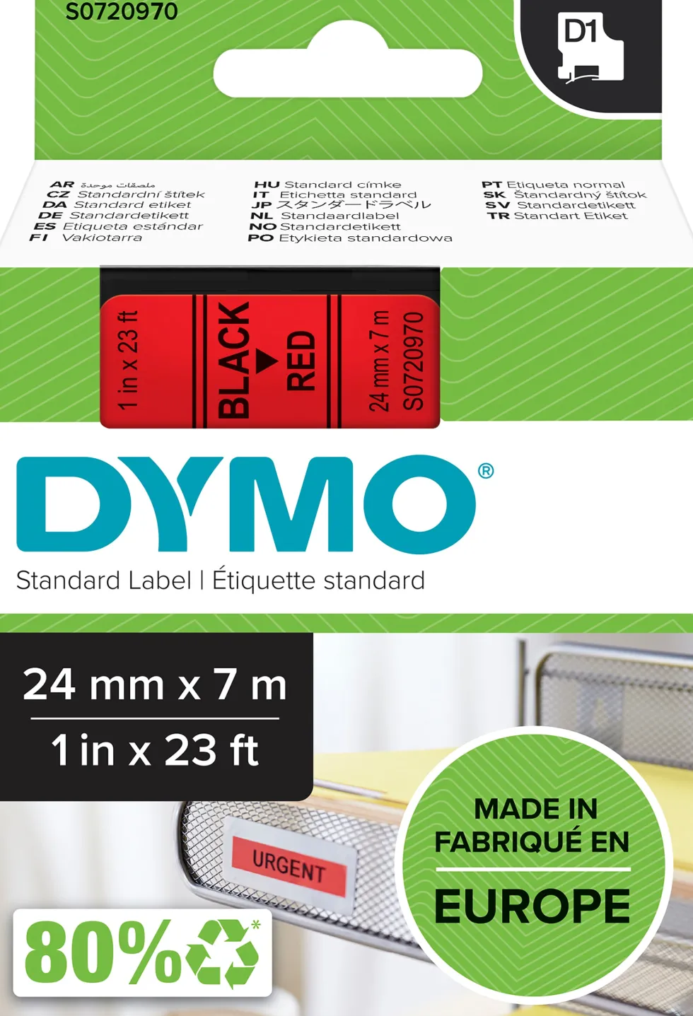 Märkband Dymo D1, plast, svart/röd, 24mm